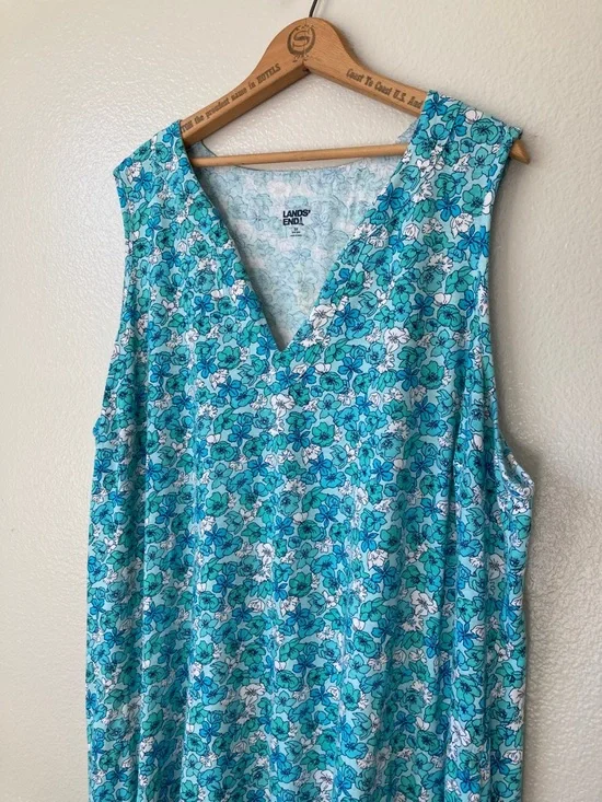 Lands' End Cotton Floral Knit Shift Dress Stretch Sleeveless Split V neck sz 3X - Picture 3 of 13
